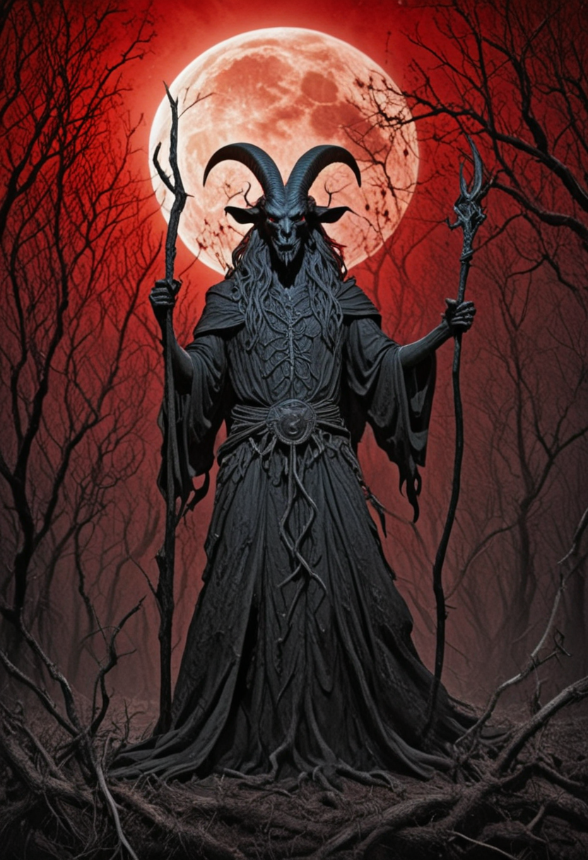 In a clearing surrounded by tall ancient oaks, the dark mage Baphomet, Satan's goat, raises his staff, carved from a twisted branch, towards the blood-red harvest moon. Dark energy pulses from the staff, twisting through the air. His smirk reveals sharp teeth.
450 dpi, 4K resolution, alcohol ink splatter, perfectly calibrated composition, rule of thirds