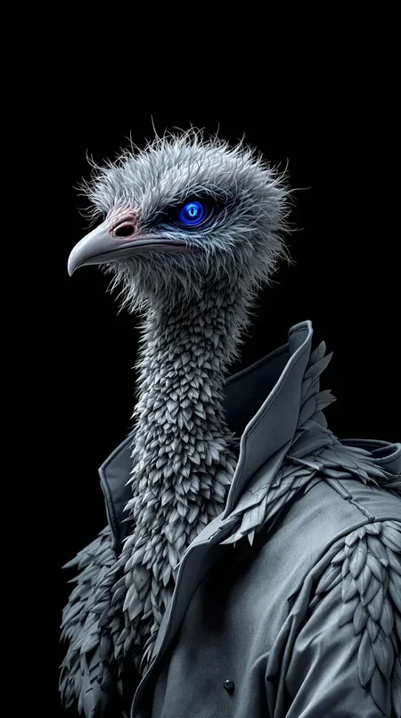 Gray feathered creature, stylized ostrich, (detailed plumage:1.2), wearing a light gray jacket, profile view, looking slightly to viewer’s left, positioned slightly off-center left, intense eyes, glowing blue cybereye, (complex texture on jacket: 1.3), dramatic lighting, studio shot, dark background, intricate feather detailing, high detail, photorealistic, portrait style.