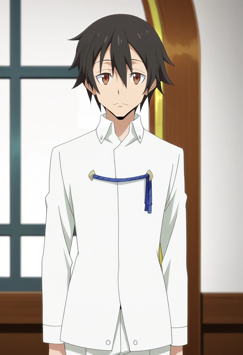 masterpiece, best quality, anime screencap, official style, anime coloring, cowboy shot, 1boy, solo, male focus, <lora:yuuki_kagurazaka_ilxl:0.98>, yuuki_kagurazaka, black hair, brown eyes, short hair, hair between eyes, white shite, collared shirt, blue ribbon, white pants,