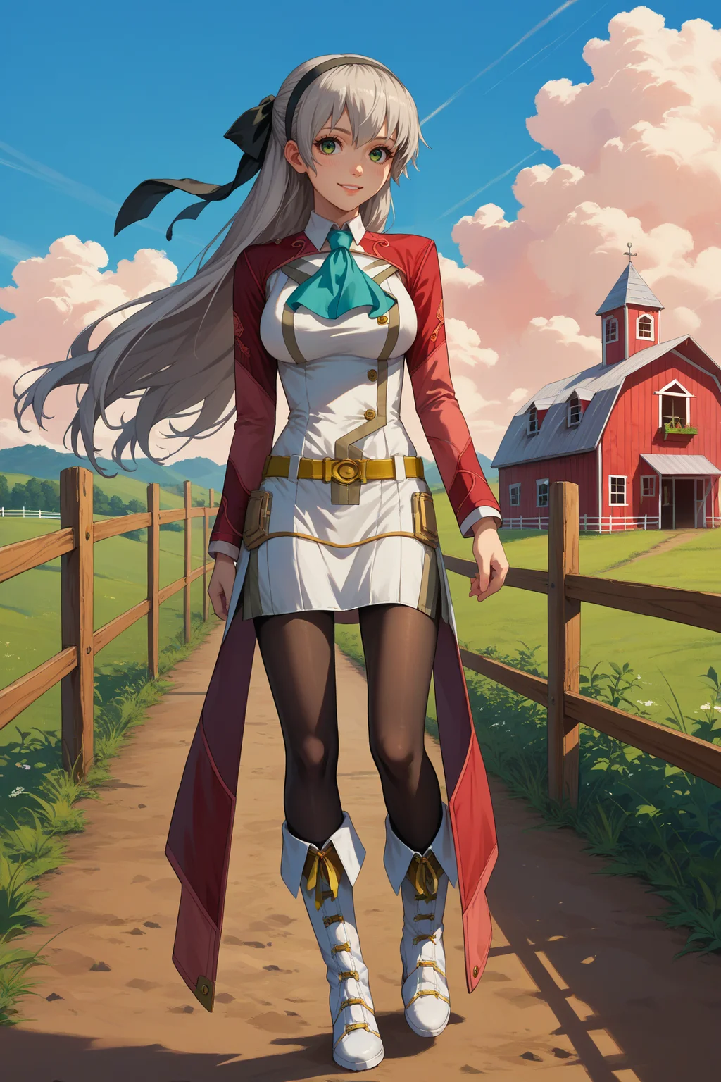 score_9, score_8_up, score_7_up, score_6_up, source_anime, 1girl, solo, <lora:elie-pdxl-nvwls-v2:1> zeroelie, grey hair, long hair, green eyes, black hairband, hair ribbon, black ribbon, red shrug top, blue ascot, white dress, yellow belt, skirt, thighs, black pantyhose, looking at you, white boots, full body, farm, fences, blue sky, clouds, looking at you, happy, large breasts, walking
