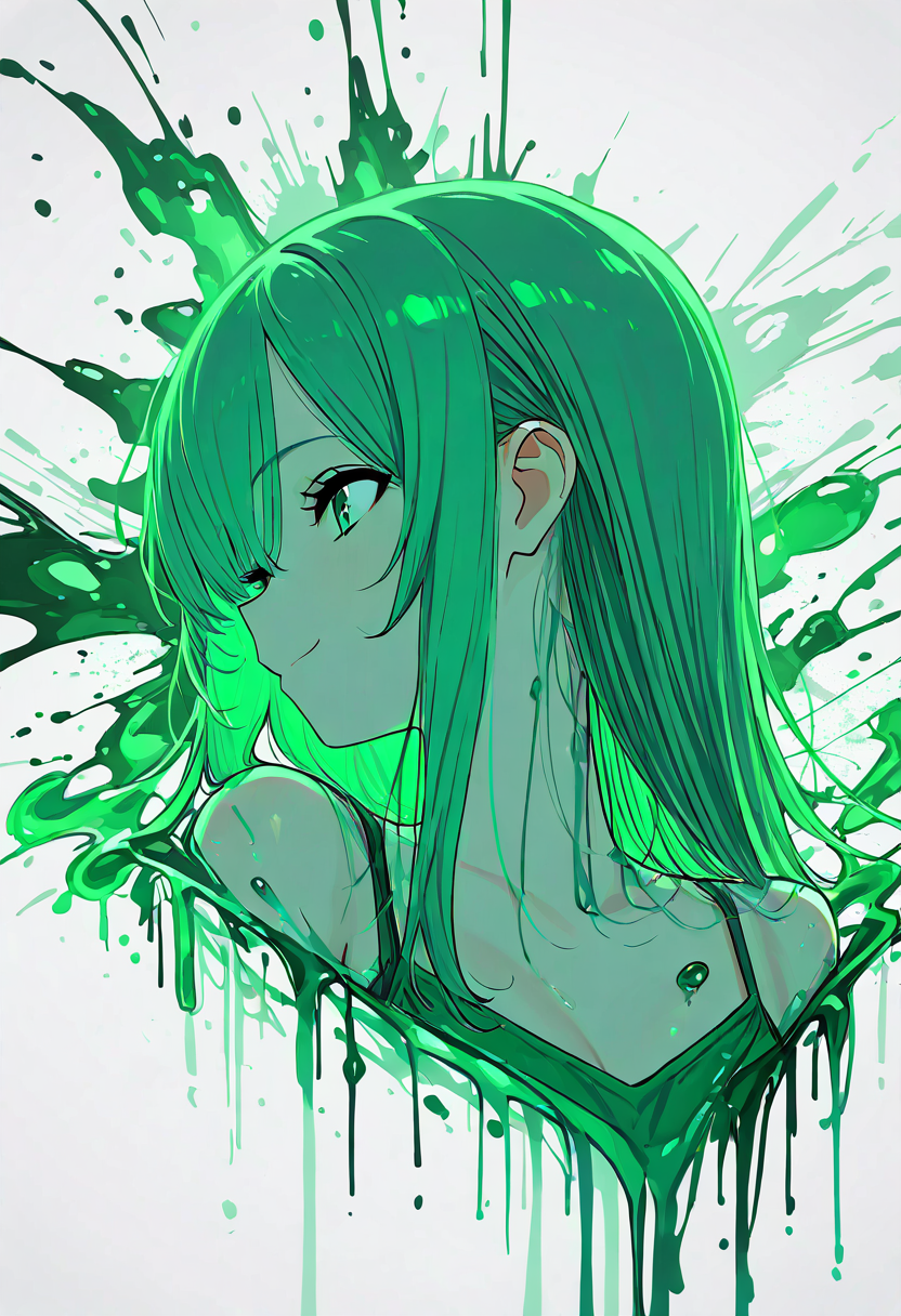(masterpiece, best quality, good quality, very aesthetic, absurdres, newest:1.2),    1girl, solo,   1girl, solo, long hair, smile, bangs, white background, bare shoulders, closed mouth, green eyes, collarbone, green hair, profile, looking away, portrait, green theme, paint splatter ,  <lora:ClrSplsh_NAI:1.0>,