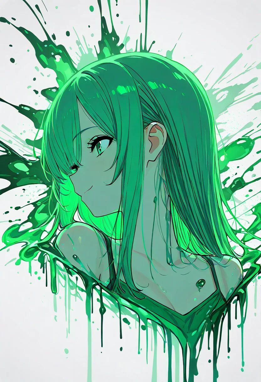 (masterpiece, best quality, good quality, very aesthetic, absurdres, newest:1.2), 1girl, solo, 1girl, solo, long hair, smile, bangs, white background, bare shoulders, closed mouth, green eyes, collarbone, green hair, profile, looking away, portrait, green theme, paint splatter , <lora:ClrSplsh_NAI:1.0>,