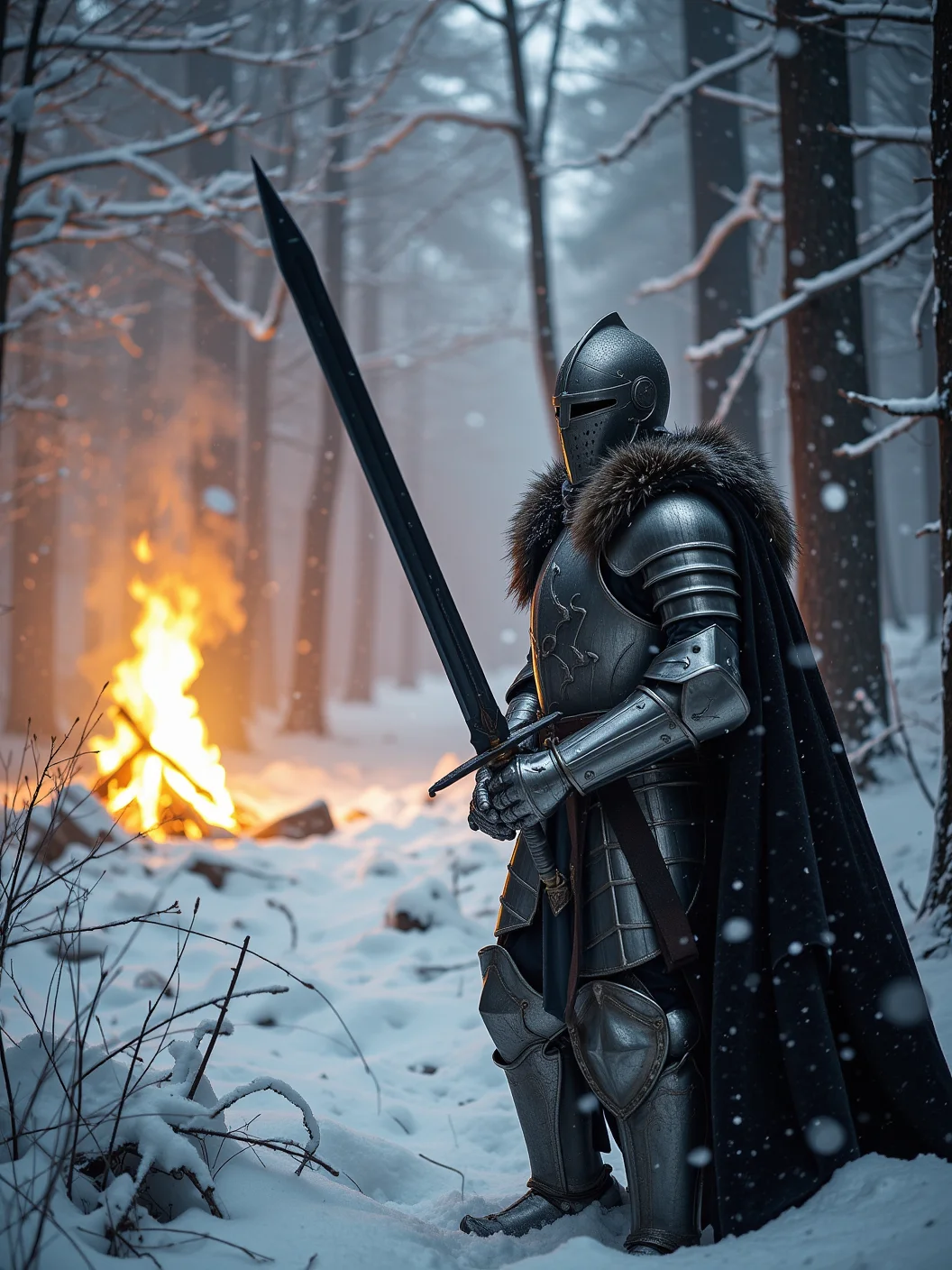 Epic winter scene of a knight in full battle armor, standing amidst a snowy forest. The knight’s polished metal armor is adorned with fur, and their dark cape flows gently in the icy wind. Snowflakes mix with glowing embers as the knight grips a heavy, black-bladed sword, its sharp edges glinting in the faint light. A fire burns in the distance, casting flickering shadows through the fog-covered trees. The entire scene is cinematic, capturing the fierce determination and calm power of the knight as they stand alone in a frozen wilderness.