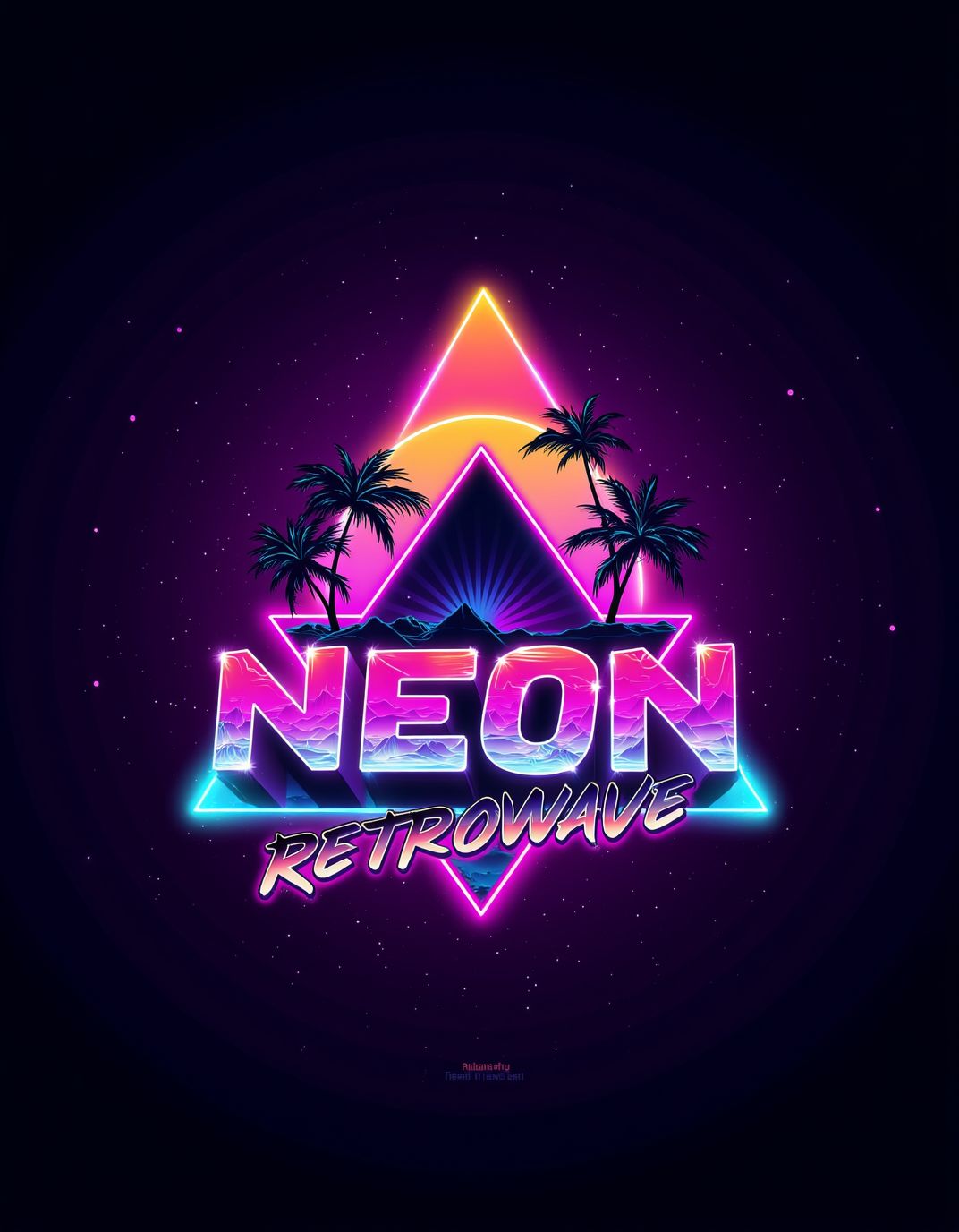 ck-nw, in the style of ck-nw, signature logo with text that reads:"(NEON RETROWAVE)", palm trees, triangle, sundown, stary night, dark background <lora:ck-Neon-Retrowave:1>