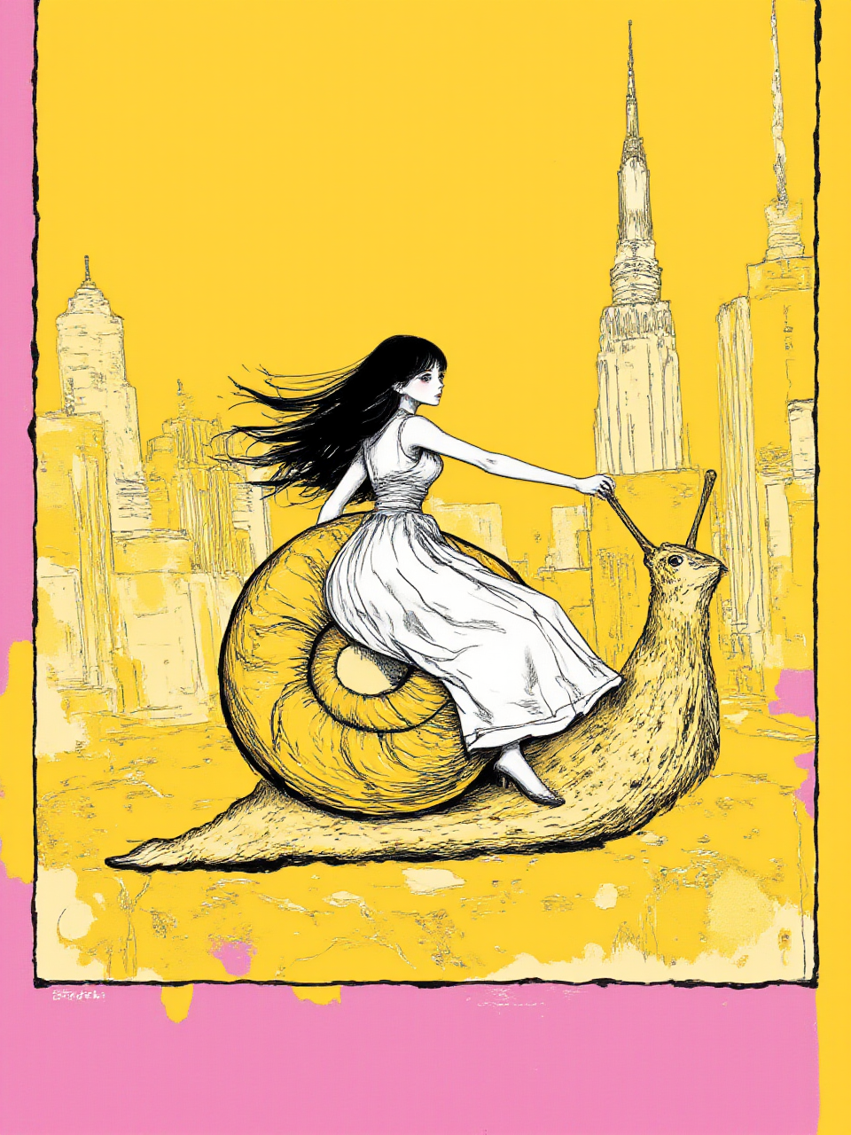 An illustrated image of a young woman gracefully riding a giant snail through a futuristic cityscape.  background is amber yellow <lora:Midjourney_Whisper_BrushPulse_v01:0.7>, border is cherry blossom pink <lora:inkedgemono-simple_epoch-08:0.9> 1NK3D63SIM <lora:Midjourney_Whisper_Minimal:0.9>
| no deformed hands, no too many limbs, no too many fingers,