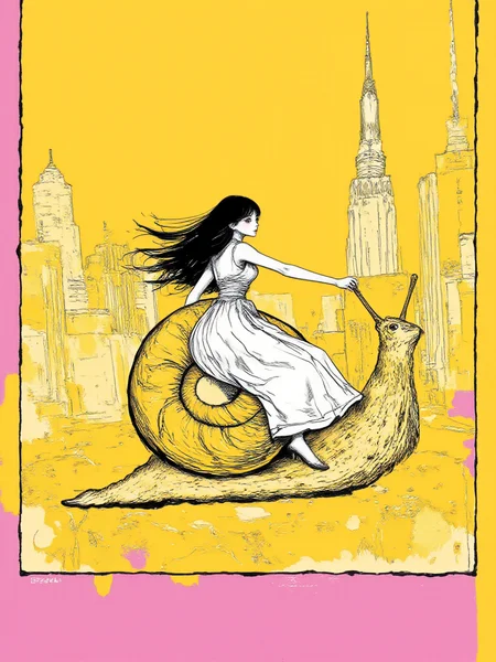 An illustrated image of a young woman gracefully riding a giant snail through a futuristic cityscape. background is amber yellow <lora:Midjourney_Whisper_BrushPulse_v01:0.7>, border is cherry blossom pink <lora:inkedgemono-simple_epoch-08:0.9> 1NK3D63SIM <lora:Midjourney_Whisper_Minimal:0.9>
| no deformed hands, no too many limbs, no too many fingers,