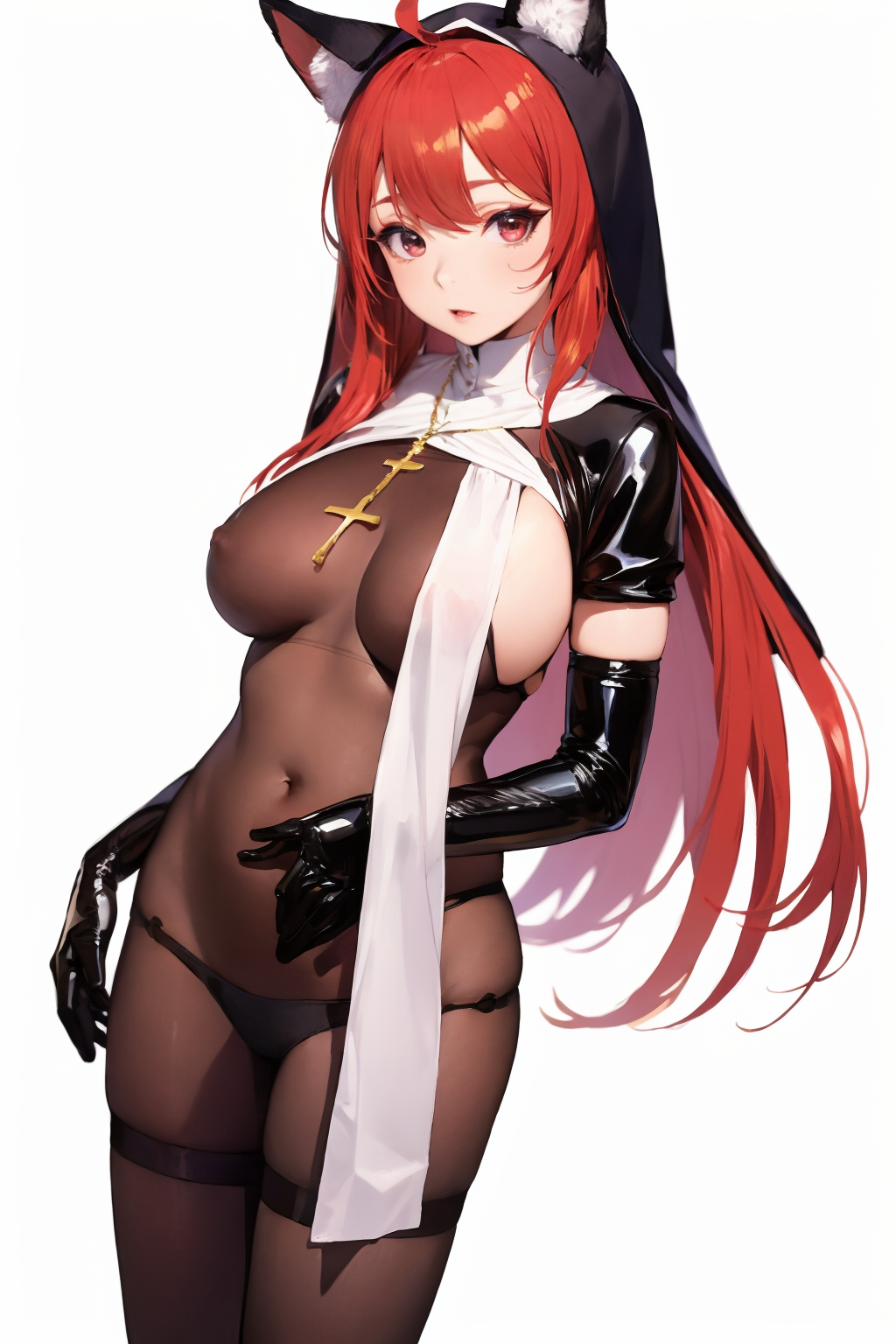(cowboy_shot:1.5),(white background:1.5),
curvy,oval face,(red hair:1.3),messy hair,ahoge,very long hair,crossed bangs,makeup,fundoshi,long_eyelashes,light_blush,fox ears,black eyes,medium breasts,(front view:1.2),
<lora:é»ä¸è¿è£¤è¢ä¿®å¥³SD1.5:0.7>,1girl,solo,necklace,gloves,cross,jewelry,breasts,elbow gloves,pantyhose,cross necklace,black pantyhose,bodysuit,nun,see-through,sideboob,thong,, (masterpiece:1.2),best quality,masterpiece,highres,original,extremely detailed wallpaper,perfect lighting,(extremely detailed CG:1.2),