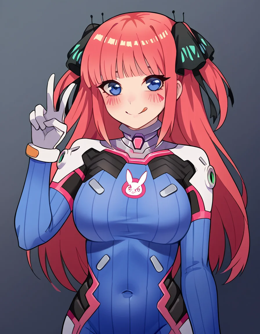 score_9, score_8_up, score_7_up, source_anime, <lora:nnakano-s2-ponyxl-lora-nochekaiser:1>, long hair, bangs, blue eyes, hair ornament, hair ribbon, pink hair, blunt bangs, two side up, butterfly hair ornament, large breasts,, <lora:overwatch-dva-cosplay-ponyxl-lora-nochekaiser:1>, overwatch dva cosplay, d.va (overwatch) (cosplay), bodysuit, cosplay, covered navel, skin tight, vertical-striped bodysuit, streets, smile, blush, v, v over eye, tongue out, cowboy shot, looking at viewer