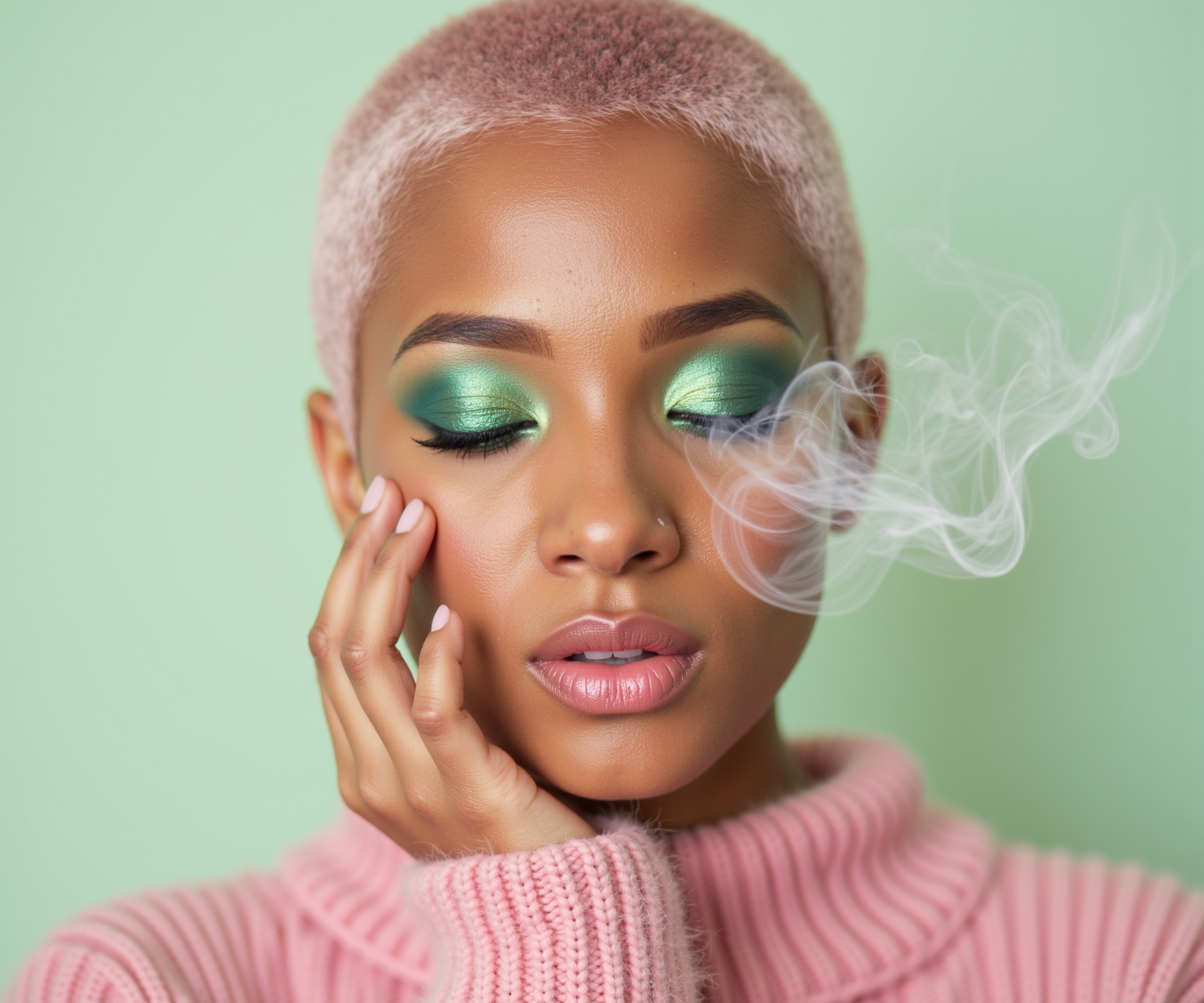 a-close-up-portrait-of-a-person-with-short-pale-pi-f100fdcc.png: A close-up portrait of a person with short, pale pink hair and warm brown skin, their eyes closed and adorned with striking emerald green eyeshadow. They wear a cozy pink knit sweater and hold their hand near their face, fingers elegantly posed. Wisps of ethereal white smoke curl around their features, partially obscuring one eye and adding a dreamy, ethereal quality to the image. The background is a soft, minty green, creating a harmonious color palette with the subject's pink hair and sweater. The photograph has a dreamy, fashion-editorial feel with its soft focus and carefully curated color scheme. The lighting is gentle and diffused, enhancing the subject's smooth skin texture and the delicate wisps of smoke. The composition is intimate, drawing the viewer's attention to the interplay between the subject's serene expression and the dance of smoke across their face.