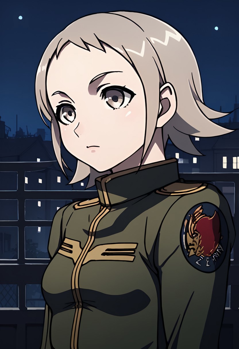 score_9, score_8_up, score_7_up,city view, 1 female,night view, moonlight,anne, female, grey hair, grey eyes, military uniform