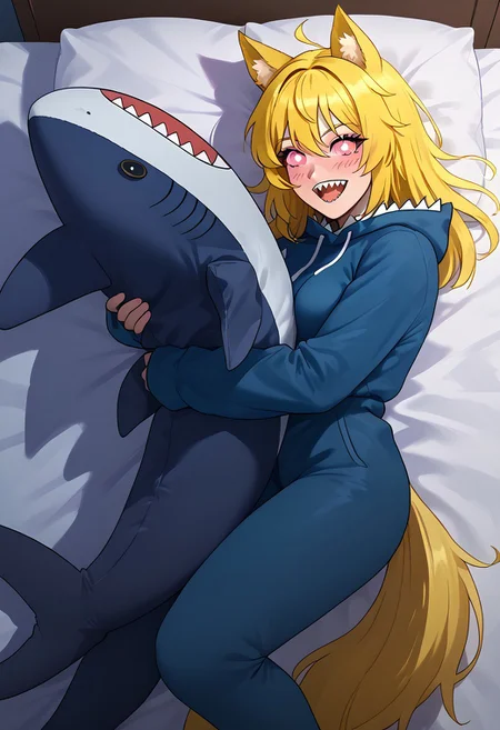 score_9_up, masterpiece, best quality, amazing quality, very aesthetic, absurdres, newest, , photorealistic, portrait, 1girl, solo girl, laying on bed, on back,<lora:kigurumi-ponyxl-lora-nochekaiser:1>, kigurumi, animal hood, animal costume, cosplay,, night, dim light, ON SIDE, HAPPY, EYES CLOSED,  HEARTS IN AIR,hugging, shark, stuffed shark, ((SHARK BOUNDED AS A PRESENT)),<lora:Hugging_shark:1>
<lora:Lucita_Yellow_Pony_V2.0:1> Lucita Yellow,  ((long yellow hair, bangs, animal ears, tail, pink eyes, square shaped pupils)), ((adult)) medium breasts, open mouth, sharp teeth, light blushing,