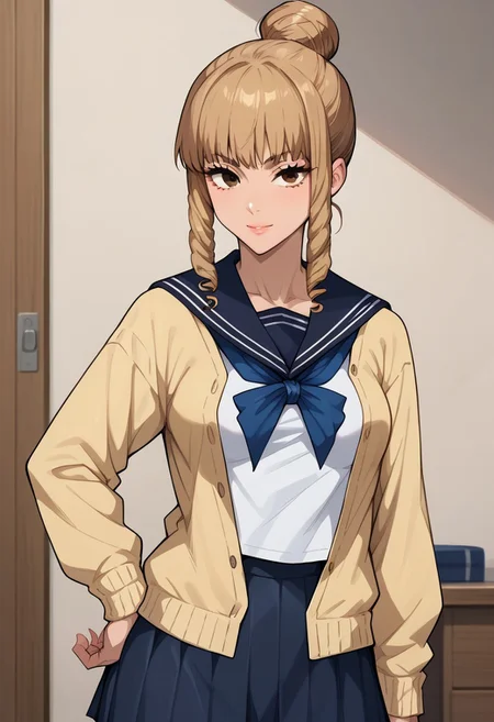 anime artwork, score_9, score_8_up, score_7_up, score_6_up, score_5_up, solo, 20 year old, perfect beautiful face, long eyelashes, (room), medium breasts, wide hips, hips,,1 girl, brown hair, drill hair, hair bun, bangs, brown eyes, school uniform, yellow cardigan, open cardigan, serafuku, blue sailor collar, blue pleated skirt, smile, looking at the viewer, hand on hip