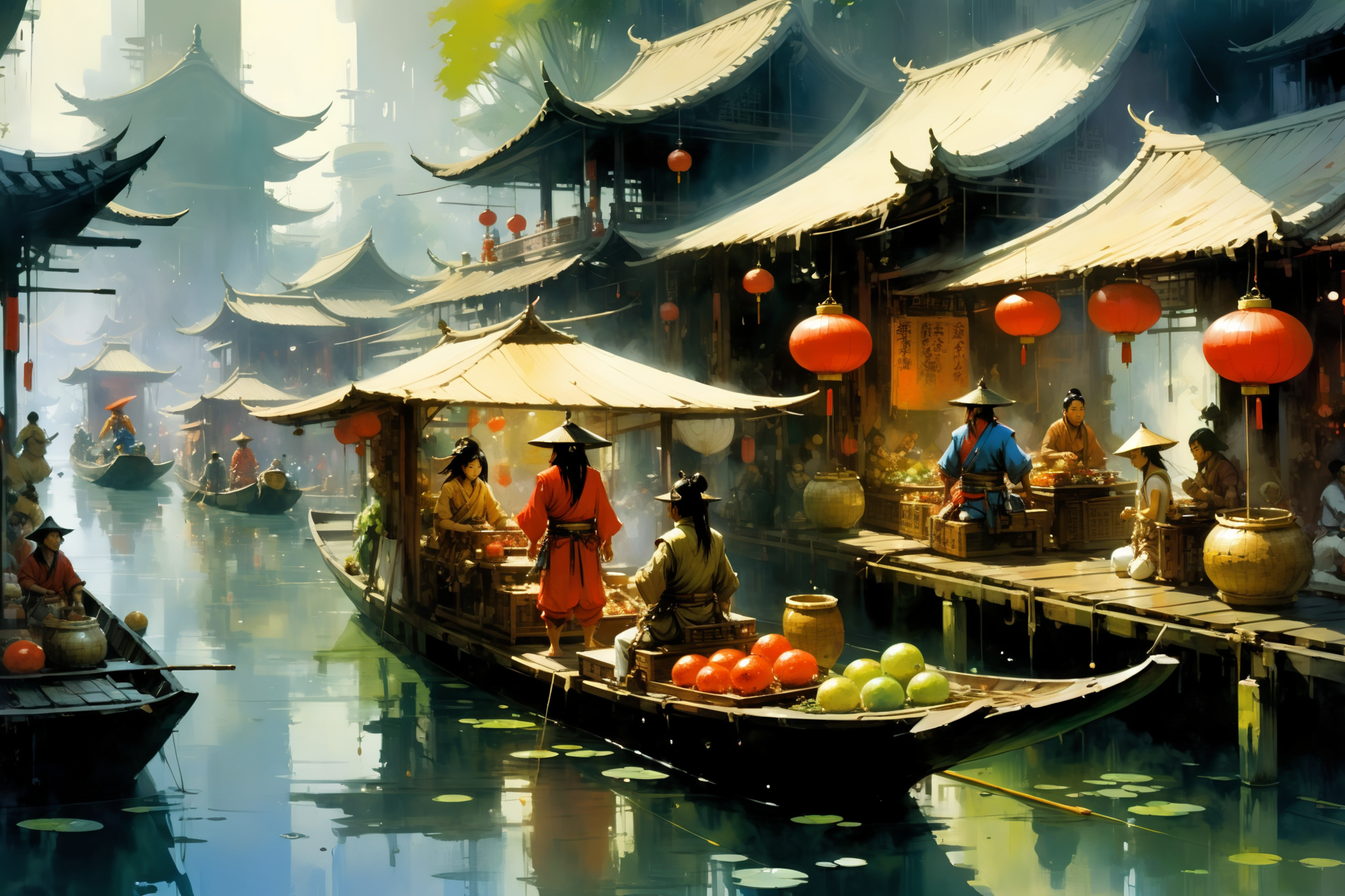chinese floating market, (fantasy:1.2),  <lora:John Berkey Style:1> John Berkey Style page, <lora:Retro_Illustration:1> 2d game scene, oil and watercolor painting,, (masterpiece:1.2), best quality