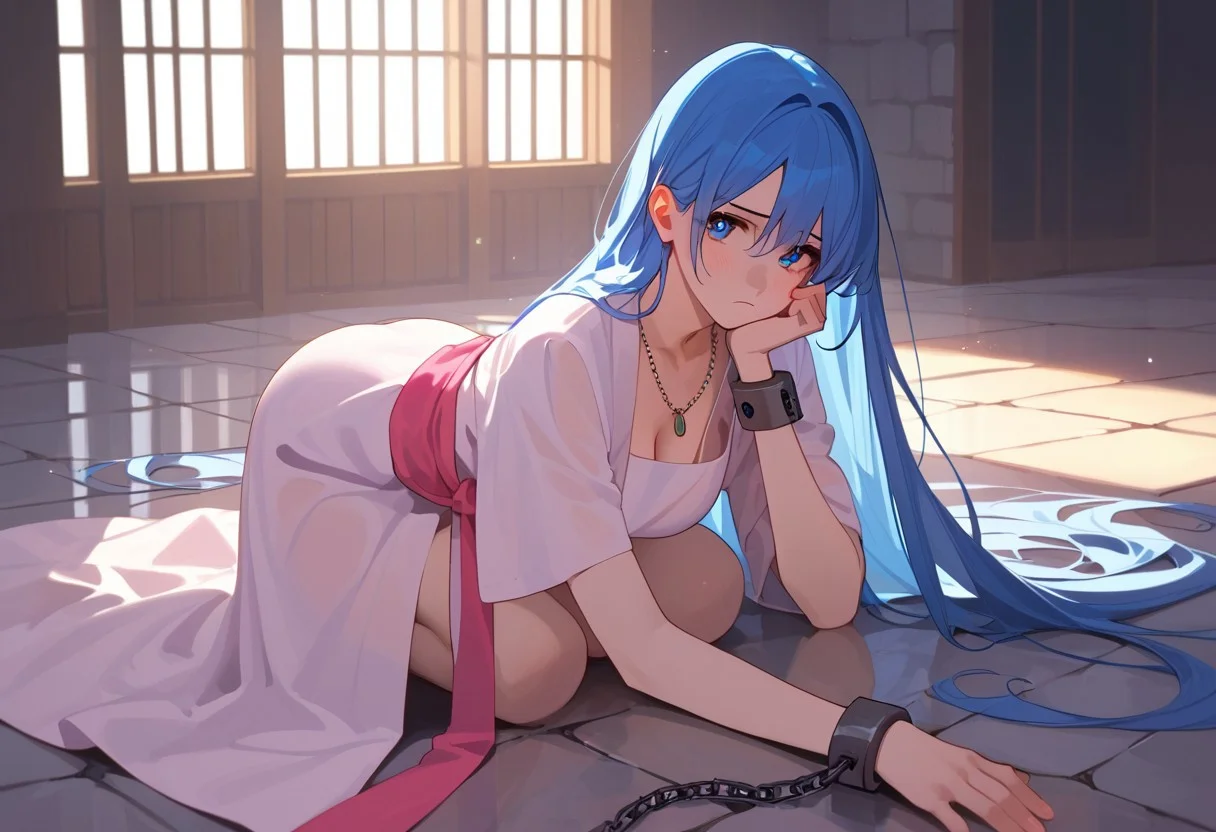 abbystea style, score_9, score_8_up, score_7_up, score_6_up, source_anime, 1girl, solo, blue hair, very long hair, blue eyes, necklace, white robes, short sleeves, pink sash, looking at you, big breasts, indoors, dungeon, stone floor, chains, shackles, looking at you, sad