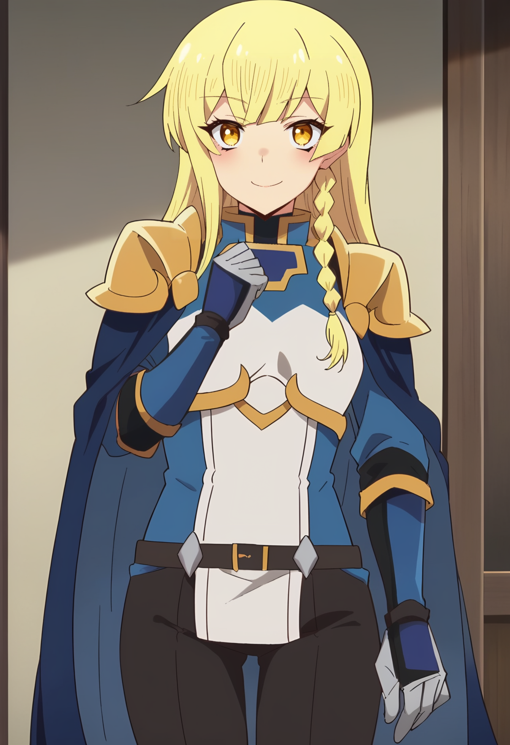 <lora:Balirossa:1> balirossa, blonde hair, long hair, 1girl, side braid, solo, yellow eyes,    , looking at viewer, smile, blush,        breastplate, blue cape, knight, shoulder armor, sheath, belt, black pants, white gloves , pauldrons, score_9, score_8_up, score_7_up, , anime coloring ,BREAK source_anime, anime