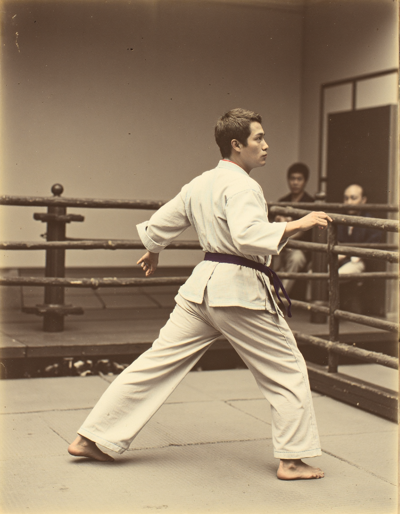 OldJapan style portrait photo of a karate fighter standing in a ring