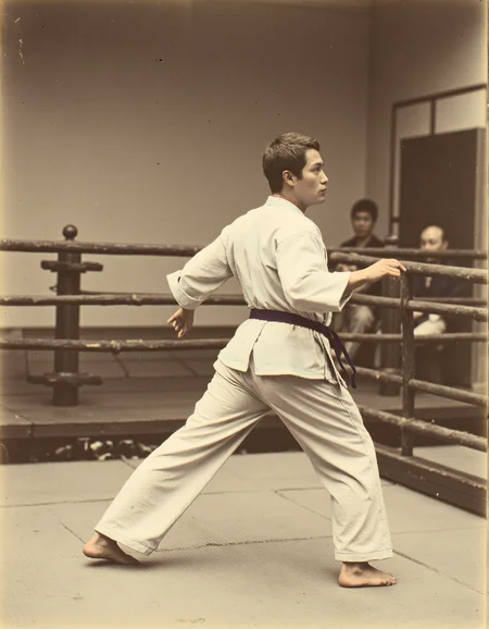 OldJapan style portrait photo of a karate fighter standing in a ring