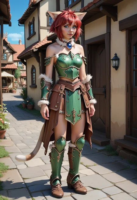 marinbravesoul, 1girl, full body shot, solo, blue eyes, cat ears, cat tail, red hair, green armor, bare shoulder, brown skirt, fur chocker, standing, outside, fantasy town, <lora:MarinBraveSoulV2_telr0.0003:1>, score_9, score_8_up, score_7_up,