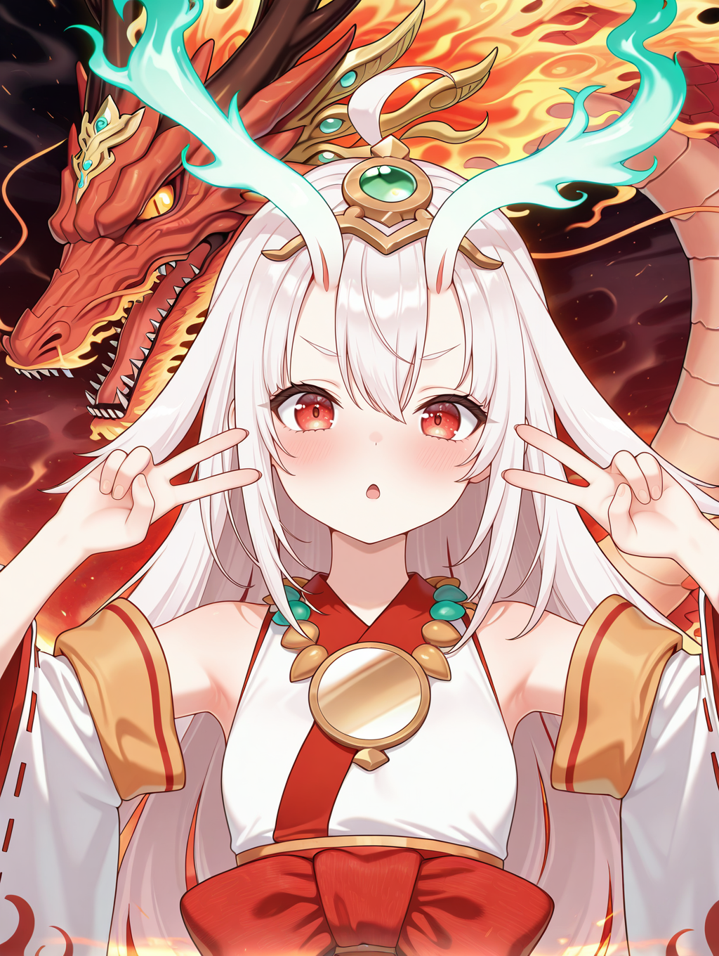 oni girl, kurikara divincarnate, 1girl, double v, looking at viewer, blush, solo, red eastern dragon, open mouth, white ribbon-trimmed sleeves, white sleeveless kimono, gold headpiece, mirror necklace, 1other, upper body
masterpiece,best quality,amazing quality,very aesthetic,absurdres,newest,<lora:Kurikara Divincarnate illuXL v1:0.84>,