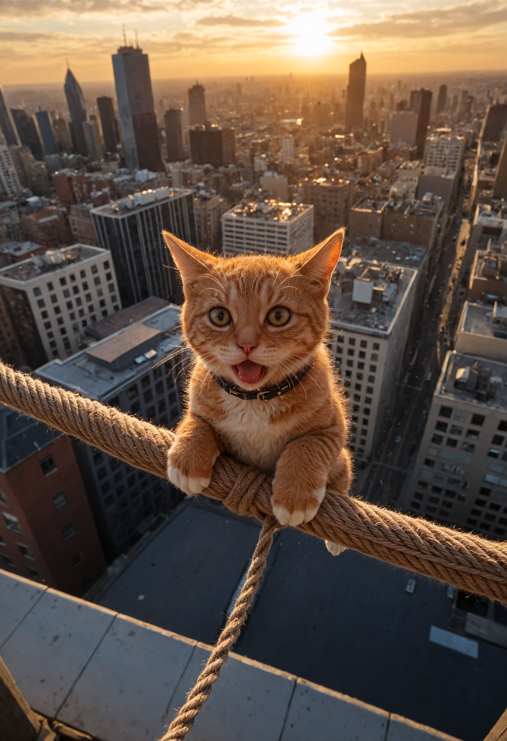 cinematic still Realistic-style kitten precariously hanging onto a rope between city buildings, viewed from above. Its tiny claws desperately grip the rope as tears well up in its frightened eyes. The kitten looks helpless, its mouth open as if crying for help. Below, the city streets appear dangerously far away, emphasizing the height and risk. The dramatic sunset sky casts long shadows, enhancing the tension and urgency of the moment. The scene captures the kittenâs desperation and the overwhelming danger of its situation . emotional, harmonious, vignette, 4k epic detailed, shot on kodak, 35mm photo, sharp focus, high budget, cinemascope, moody, epic, gorgeous, film grain, grainy, Realistic-style kitten precariously hanging onto a rope between city buildings, viewed from above. Its tiny claws desperately grip the rope as tears well up in its frightened eyes. The kitten looks helpless, its mouth open as if crying for help. Below, the city streets appear dangerously far away, emphasizing the height and risk. The dramatic sunset sky casts long shadows, enhancing the tension and urgency of the moment. The scene captures the kittenâs desperation and the overwhelming danger of its situation, cinematic, epic, dynamic, ambient light, detailed, sharp focus, highly coherent, elegant, intricate, very stylish, futuristic, professional, surreal, artistic, pure, inspired, glowing, deep background, radiant illumination, beautiful, aesthetic, sublime