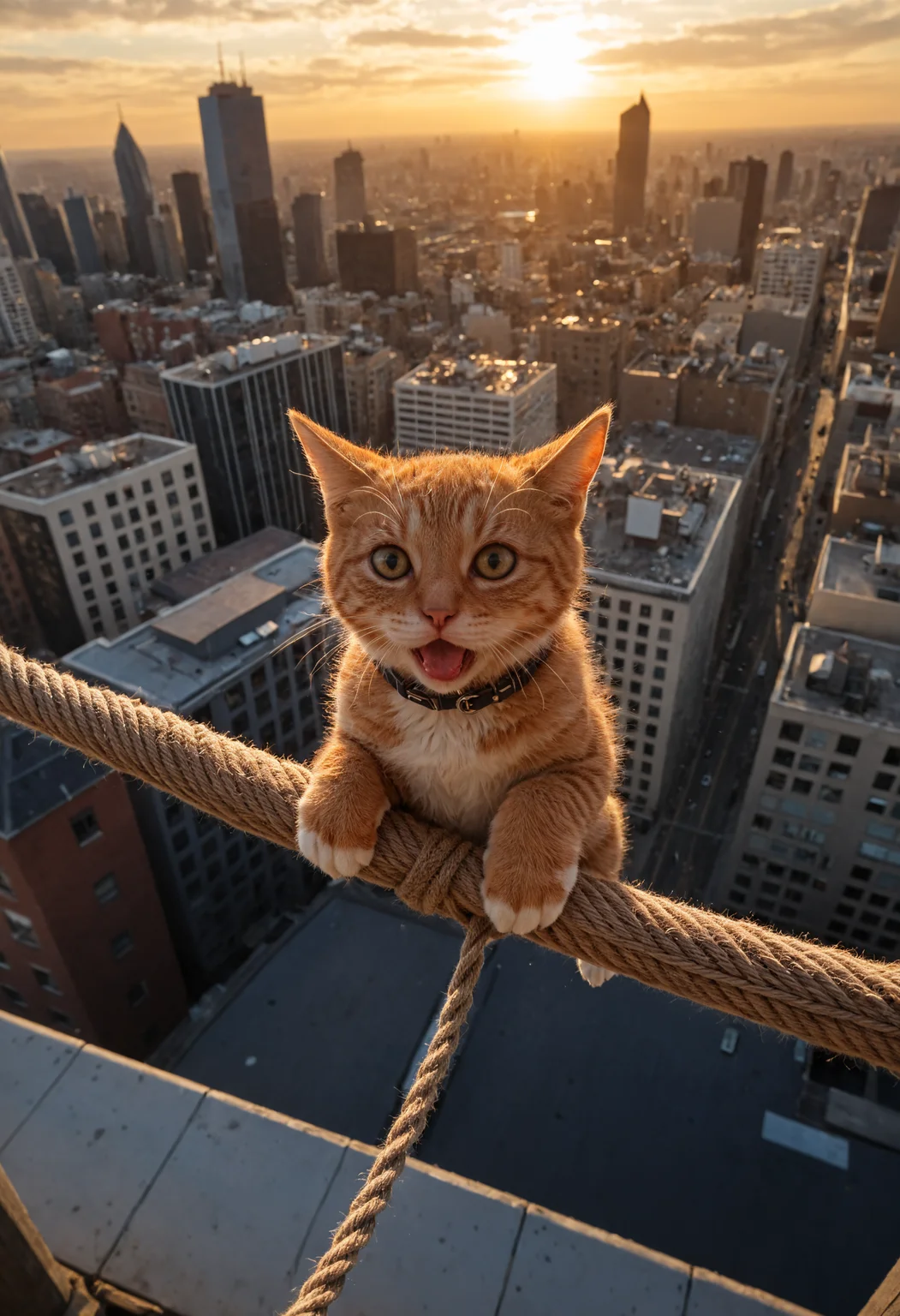 cinematic still Realistic-style kitten precariously hanging onto a rope between city buildings, viewed from above. Its tiny claws desperately grip the rope as tears well up in its frightened eyes. The kitten looks helpless, its mouth open as if crying for help. Below, the city streets appear dangerously far away, emphasizing the height and risk. The dramatic sunset sky casts long shadows, enhancing the tension and urgency of the moment. The scene captures the kitten’s desperation and the overwhelming danger of its situation . emotional, harmonious, vignette, 4k epic detailed, shot on kodak, 35mm photo, sharp focus, high budget, cinemascope, moody, epic, gorgeous, film grain, grainy, Realistic-style kitten precariously hanging onto a rope between city buildings, viewed from above. Its tiny claws desperately grip the rope as tears well up in its frightened eyes. The kitten looks helpless, its mouth open as if crying for help. Below, the city streets appear dangerously far away, emphasizing the height and risk. The dramatic sunset sky casts long shadows, enhancing the tension and urgency of the moment. The scene captures the kitten’s desperation and the overwhelming danger of its situation, cinematic, epic, dynamic, ambient light, detailed, sharp focus, highly coherent, elegant, intricate, very stylish, futuristic, professional, surreal, artistic, pure, inspired, glowing, deep background, radiant illumination, beautiful, aesthetic, sublime