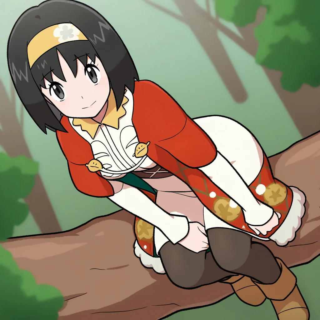 2d, masterpiece, best quality, amazing quality, highres, absurdres, newest, 1girl, solo, sitting, on branch, forest, nature, from above, dutch angle, looking at viewer, medium breasts, mature female, holerika, grey eyes, black hair, short hair, bangs, yellow hairband, white dress, collared dress, long dress, brown sash, long sleeves, red jacket, floral print, black pantyhose, ankle boots, brown footwear