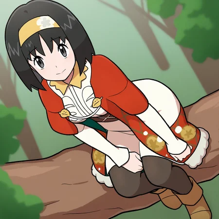 2d, masterpiece, best quality, amazing quality, highres, absurdres, newest, 1girl, solo, sitting, on branch, forest, nature, from above, dutch angle, looking at viewer, medium breasts, mature female, holerika, grey eyes, black hair, short hair, bangs, yellow hairband, white dress, collared dress, long dress, brown sash, long sleeves, red jacket, floral print, black pantyhose, ankle boots, brown footwear