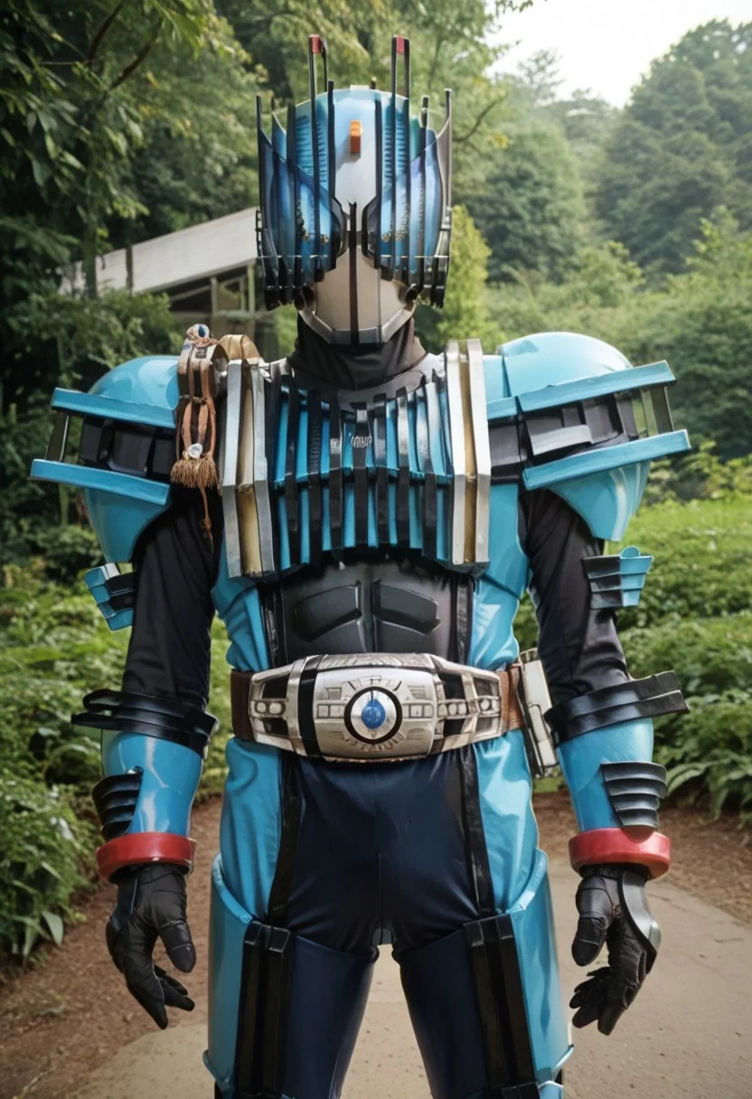 score_9, score_8, score_7, solo, armor, tokusatsu, bodysuit, helmet, rider belt, Grasshopper, Steam Locomotive, cyan armor,