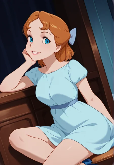 masterpiece, best quality, amazing quality, very aesthetic, absurdres, newest, detailed background, cowboy shot, indoors, dynamic angle, bedroom, perfect eyes, beautiful eyes
wendyxd, 1girl, solo, sitting, head rest, blue dress, hairbow, blue footwear, medium breasts, blue eyes, looking at viewer, smile,
<lora:Wendy_Darling_-_Disney_Illustrious:1>