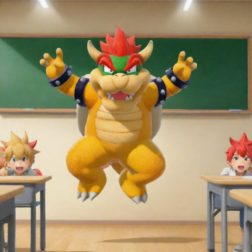 Bowser jumping in classroom. Anime style <lora:Bowser-cai:1> <lora:LCMSDXL:1>
