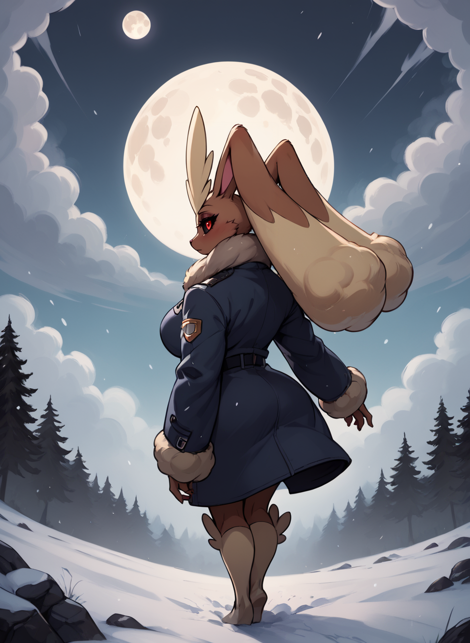 score_9, score_8_up, score_7_up, score_6_up, score_5_up, score_4_up, <lora:LopunnyPXL:1> LopunnyPXL, anthro, red eyes, black sclera, big breasts, makeup, mascara, winter coat, snowy moutain, peak of the mountain, moutain summit, summit, very top of the moutain, peak, wind, snowstorm, clouds, fog, high sky, night, facing away, turned back, from behind, ahead, raising head, looking away, full moon, full body