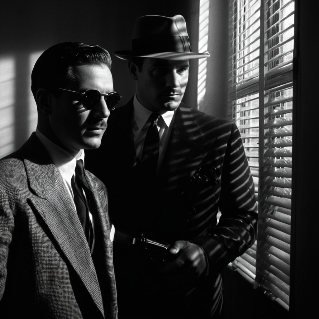 Film noir style,  <lora:casting shadow style v2:1>
A cucoloris patterned illumination casting a window diagonal shadow on two men in suits and hats are talking,short hair,shirt,hat,holding,jacket,monochrome,upper body,weapon,greyscale,male focus,multiple boys,necktie,collared shirt,2boys,holding weapon,looking at another,gun,facial hair,formal,suit,holding gun,handgun,manly,revolver,cinematic,film,filmic,casting shadow,venetian blinds casting shadow light,shadow on face,face partially covered in shadow,different shadow,window casting shadow light,cinematography,detailed,detailed background,detailed face,high quality,8k,cuculoris,kookaloris,cookaloris or cucalorus,light modifier,different light pattern,creative light,unique shadow , casting shadow style, a scene from a 1940's film, Monochrome, high contrast, dramatic shadows, 1940s style, mysterious, cinematic