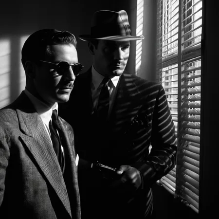 Film noir style, <lora:casting shadow style v2:1>
A cucoloris patterned illumination casting a window diagonal shadow on two men in suits and hats are talking,short hair,shirt,hat,holding,jacket,monochrome,upper body,weapon,greyscale,male focus,multiple boys,necktie,collared shirt,2boys,holding weapon,looking at another,gun,facial hair,formal,suit,holding gun,handgun,manly,revolver,cinematic,film,filmic,casting shadow,venetian blinds casting shadow light,shadow on face,face partially covered in shadow,different shadow,window casting shadow light,cinematography,detailed,detailed background,detailed face,high quality,8k,cuculoris,kookaloris,cookaloris or cucalorus,light modifier,different light pattern,creative light,unique shadow , casting shadow style, a scene from a 1940's film, Monochrome, high contrast, dramatic shadows, 1940s style, mysterious, cinematic