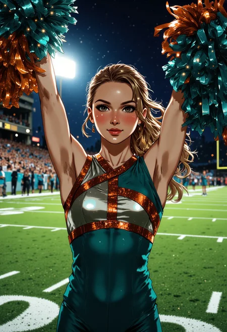 A striking close-up of a cheerleader performing thiruvikramasana pose. The shot frames her from the waist up, capturing the intensity and focus in her eyes as she executes this demanding move. Her uniform defies traditional cheerleading conventions—instead of standard school colors, she wears an avant-garde design featuring an asymmetrical metallic bodice with geometric cutouts that catch the light, paired with a single shoulder strap adorned with small LED lights that create a subtle glow effect. The uniform incorporates unexpected color combinations of deep teal and burnished copper that complement each other while standing apart from typical cheer aesthetics. In her hands, she grips oversized pom-poms that dominate the foreground—lush, full spheres of shimmering mylar strips that create a mesmerizing visual texture. Her hair is styled in an elaborate braided updo with strands of matching metallic ribbon woven throughout. The football field is visible but deliberately blurred in the background, with just enough definition to establish context while keeping all focus on her dramatic pose and unique styling. The lighting captures the precise moment of athletic perfection, highlighting the determination in her expression and the dynamic energy of the performance. It is night time and no other lights, emphasize the LED lights of her shoulder strap j_art