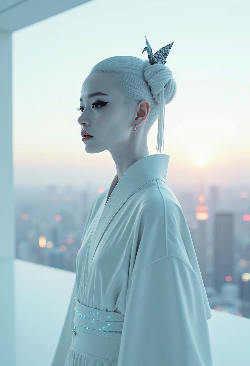 masterpiece, an exquisitely minimalist yet strikingly beautiful cyberpunk geisha, her form defined by clean lines and subtle curves, her face porcelain white with minimal makeup, save for sharp black geometric eyeliner, her hair short, sleek, and silver chrome, adorned with a single, minimalist black origami crane, she wears a tailored white kimono with subtle glowing blue threads forming geometric patterns, standing in a pristine white minimalist room overlooking a neon-drenched cyberpunk cityscape at dawn, stark, diffused lighting emphasizes form and silhouette, casting soft, subtle shadows, rendered in a style fusing minimalist art, high-fashion photography, and cyberpunk aesthetics, monochrome palette of whites, silvers, and blacks with subtle accents of glowing blue and the faintest hint of dawn pink, the quiet hum of advanced technology and the scent of sterile air and cherry blossom incense, evoking a sense of understated power, refined futuristic elegance, and serene beauty, her expression is composed and enigmatic, her beauty a silent statement in the heart of the cyberpunk metropolis, a visual haiku of chrome, white, and minimalist grace, ultra detailed, sharp focus, cinematic composition, minimalist setting.