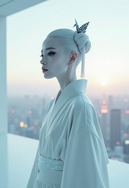 masterpiece, an exquisitely minimalist yet strikingly beautiful cyberpunk geisha, her form defined by clean lines and subtle curves, her face porcelain white with minimal makeup, save for sharp black geometric eyeliner, her hair short, sleek, and silver chrome, adorned with a single, minimalist black origami crane, she wears a tailored white kimono with subtle glowing blue threads forming geometric patterns, standing in a pristine white minimalist room overlooking a neon-drenched cyberpunk cityscape at dawn, stark, diffused lighting emphasizes form and silhouette, casting soft, subtle shadows, rendered in a style fusing minimalist art, high-fashion photography, and cyberpunk aesthetics, monochrome palette of whites, silvers, and blacks with subtle accents of glowing blue and the faintest hint of dawn pink, the quiet hum of advanced technology and the scent of sterile air and cherry blossom incense, evoking a sense of understated power, refined futuristic elegance, and serene beauty, her expression is composed and enigmatic, her beauty a silent statement in the heart of the cyberpunk metropolis, a visual haiku of chrome, white, and minimalist grace, ultra detailed, sharp focus, cinematic composition, minimalist setting.