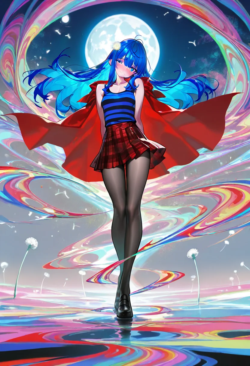 masterpiece, best quality, artist:moriimee, g0thicl1nes, (aogisa: 0.4), (aoi ogata:0.4), (jairou:0.2), (full body, beautiful, gorgeous, muted color, psychedelic, 1girl, blushing, embarrassed, head tilt, blue horizontal-striped tank top, red plaid skirt, black tights, small breasts, blue hair, long silky hair, sidelocks, wavy bang, red cape, dandelion on hair, moon), <lora:MoriiMee_Gothic_Niji_Style_Illustrious_r1:0.2>, <lora:iLLMythG0thicL1nes:0.2>