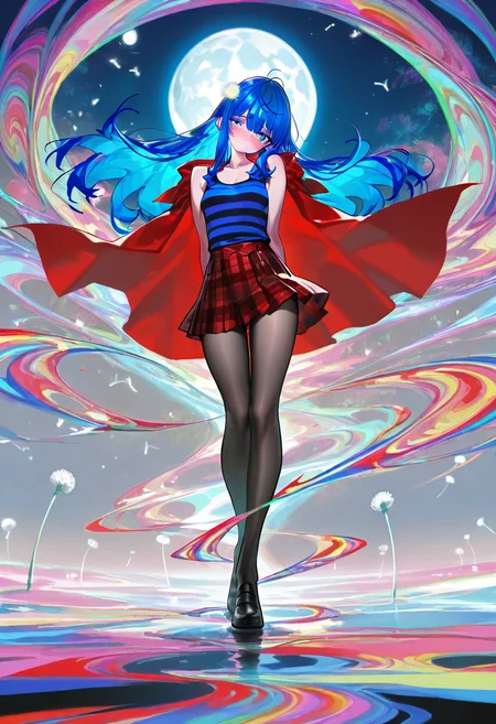 masterpiece, best quality, artist:moriimee, g0thicl1nes, (aogisa: 0.4), (aoi ogata:0.4), (jairou:0.2), (full body, beautiful, gorgeous, muted color, psychedelic, 1girl, blushing, embarrassed, head tilt, blue horizontal-striped tank top, red plaid skirt, black tights, small breasts, blue hair, long silky hair, sidelocks, wavy bang, red cape, dandelion on hair, moon), <lora:MoriiMee_Gothic_Niji_Style_Illustrious_r1:0.2>, <lora:iLLMythG0thicL1nes:0.2>