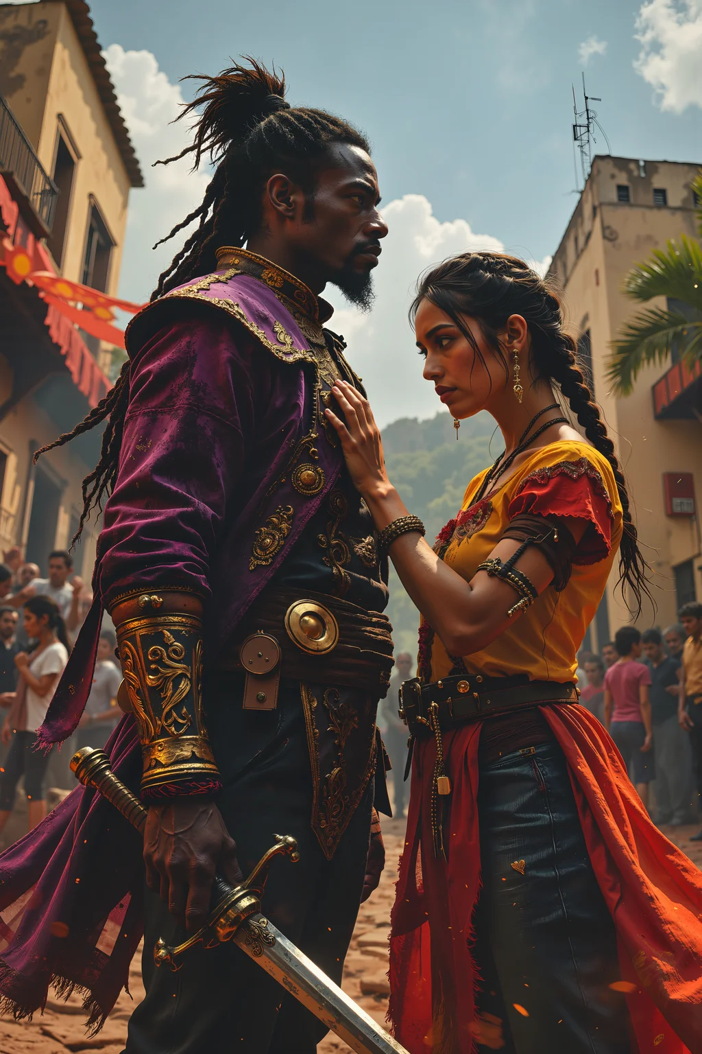 A towering Black man with a sharp goatee and long dreadlocks stands in an open courtyard, wearing a deep purple velvet doublet with intricate gold embroidery. His gleaming broadsword is raised, his stance confident. Across from him, a fierce Mexican woman with striking cheekbones and dark brown hair braided with gold threads grips her own sword, her crimson-and-gold tunic catching the breeze. The festival crowd watches eagerly, their colorful banners and flowing garments swirling as they cheer for the duel about to begin., <lora:Luminous_Shadowscape-000016:0.4><lora:black_fantasy_1.0:0.4><lora:Glitchcore_Flux:0.4><lora:- Flux1 - vanta_black_V2.0:0.4>