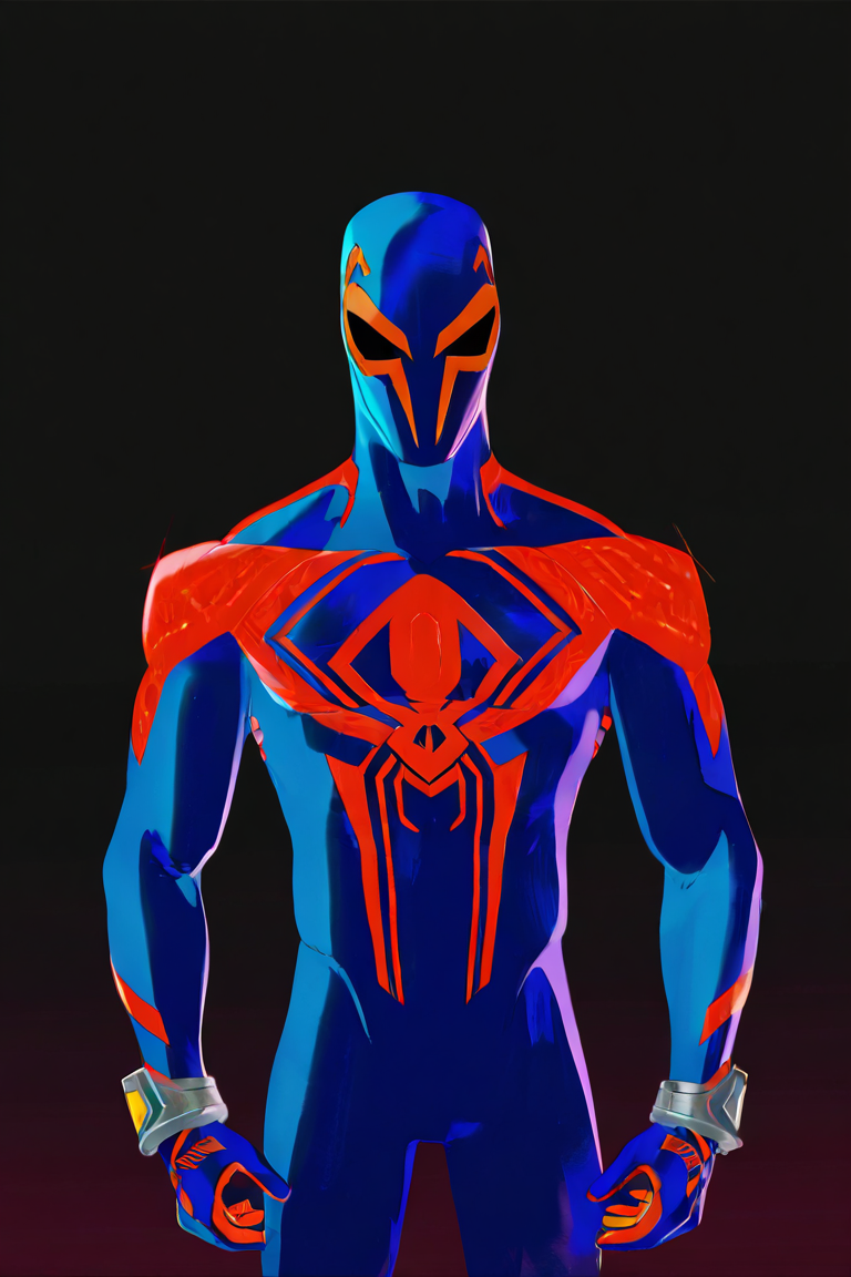 masterpiece, best quality, highres, newest, sm2099moh, 1boy, solo, male focus, mask, covered eyes, print bodysuit, red bodysuit, blue bodysuit, two-tone bodysuit, looking at viewer, standing, cowboy shot, simple background, dark background <lora:Spider-Man 2099 (Miguel O Hara) v1.0 Updated [LoRA] - NoobAI-XL EPS 1.0:0.8>