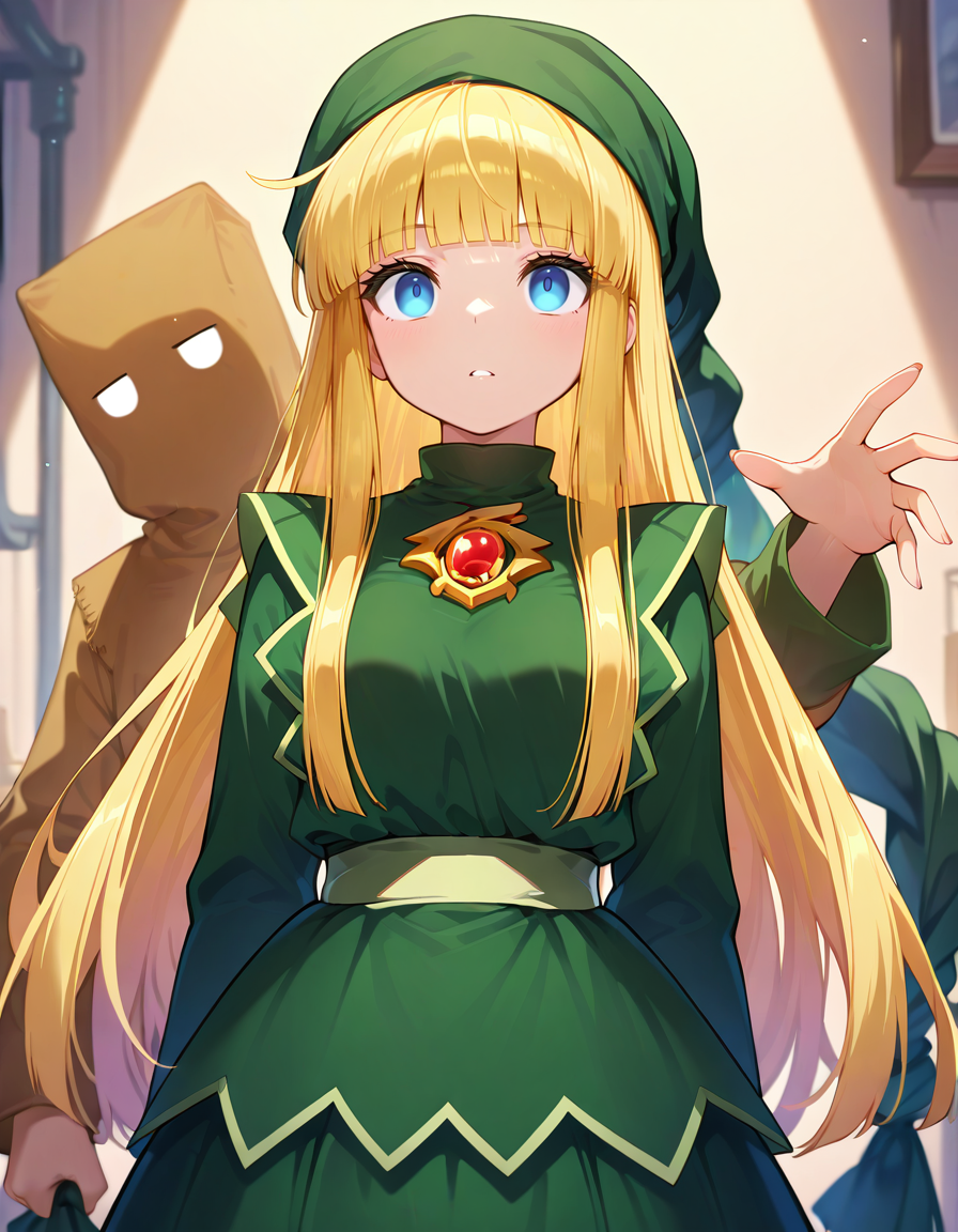 <lora:witchP4_SDXL_Illustrious01_fp16_ver01:1>,witchP4,1girl,blonde hair, long hair,  blue eyes,green dress,green headwear,long sleeves,long skirt,brooch,blunt bangs,light green sash,blank eyes,upper body,, masterpiece, best quality, very aesthetic, absurdres,<lora:detailed_hands:1>,hand
