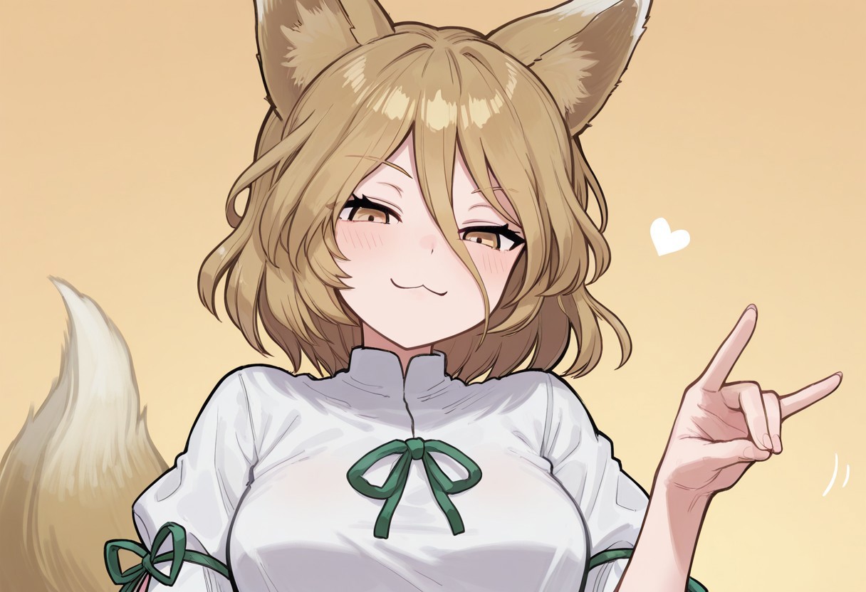 best quality, hires, thick outlines, thick outlines,
kudamaki tsukasa, fox shadow puppet, :3, smug, curvy,