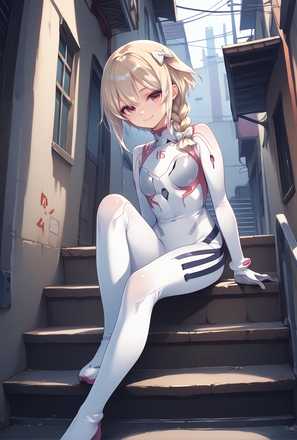 score_9, score_8_up, score_7_up, score_6_up, score_5_up, score_4_up,anime source,
 usami,1girl,blonde hair,braid,white hair bow, smile,
 Evasuit08, white bodysuit,
sitting on stair,alley,  <lora:UsamiXLPony:1>,<lora:Eva08XLPony:1>