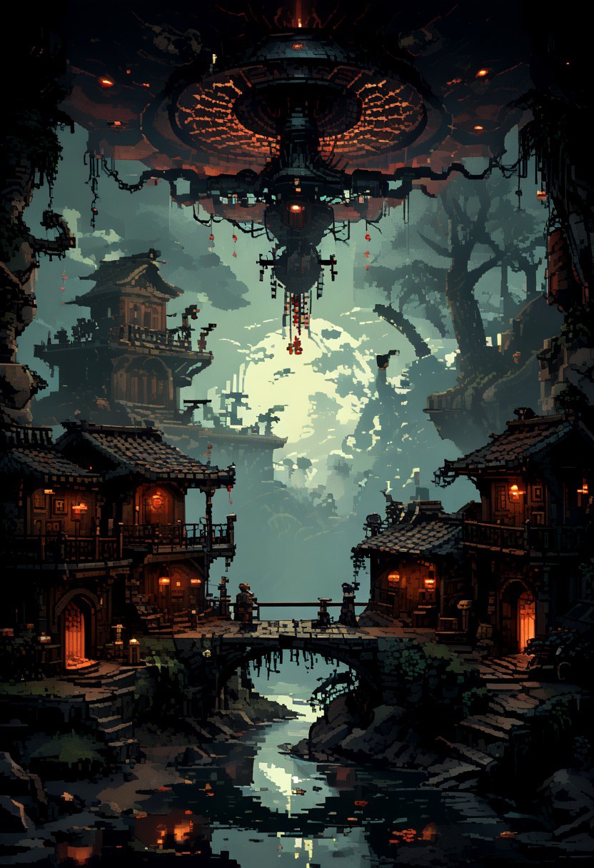 score_9, score_8_up, score_7_up, yamer_pixel_fusion, pixel art, 
An ancient burial mound, opened to reveal a passage leading deep into the earth. Inside, the air is thick with incense as figures in ceremonial garb conduct rites to commune with the spirits of their ancestors., 
in the style of a vintage, high-contrast setting, capture the essence of a campy and sensual satanic ritual. Emphasize theatrical elements with bursts of bright colors against dark, moody backgrounds
, retro futuristic, atompunk, hyper-detailed, scifi, lofi, d3p1x3l, pixel art
