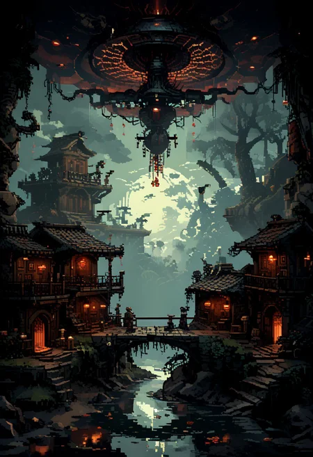 score_9, score_8_up, score_7_up, yamer_pixel_fusion, pixel art,
An ancient burial mound, opened to reveal a passage leading deep into the earth. Inside, the air is thick with incense as figures in ceremonial garb conduct rites to commune with the spirits of their ancestors.,
in the style of a vintage, high-contrast setting, capture the essence of a campy and sensual satanic ritual. Emphasize theatrical elements with bursts of bright colors against dark, moody backgrounds
, retro futuristic, atompunk, hyper-detailed, scifi, lofi, d3p1x3l, pixel art