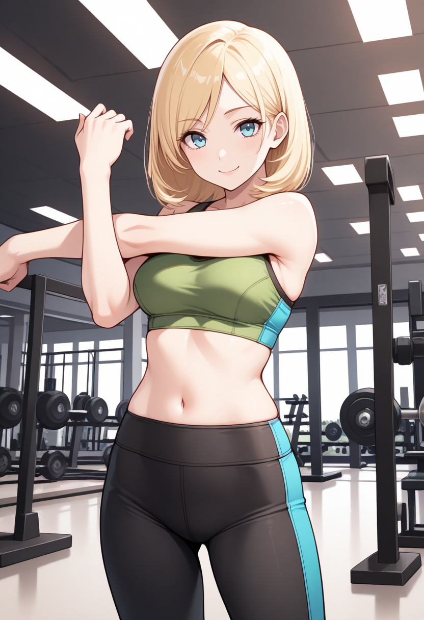 masterpiece, best quality, 1girl, solo, looking at viewer, cowboy shot, smile, gym, stretching
green sports bra, black yoga pants
 <lora:zs_ZeleninILLU:1> zeleninsmtsj, blonde hair, short hair, blue eyes,