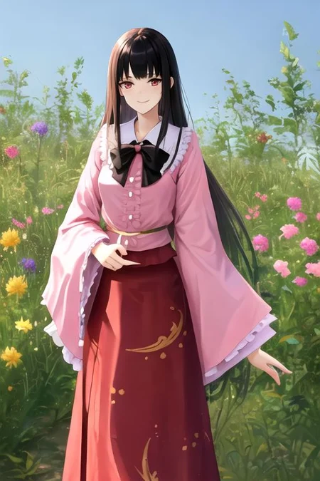 Kaguya, 1girl, solo, long hair, looking at viewer, blush, smile, bangs, skirt, shirt, black hair, red eyes, long sleeves, bow, very long hair, closed mouth, frills, japanese clothes, wide sleeves, blunt bangs, bowtie, sleeves past wrists, red skirt, floral print, frilled skirt, white bow, frilled sleeves, sleeves past fingers, pink shirt, frilled shirt collar, hime cut, breasts