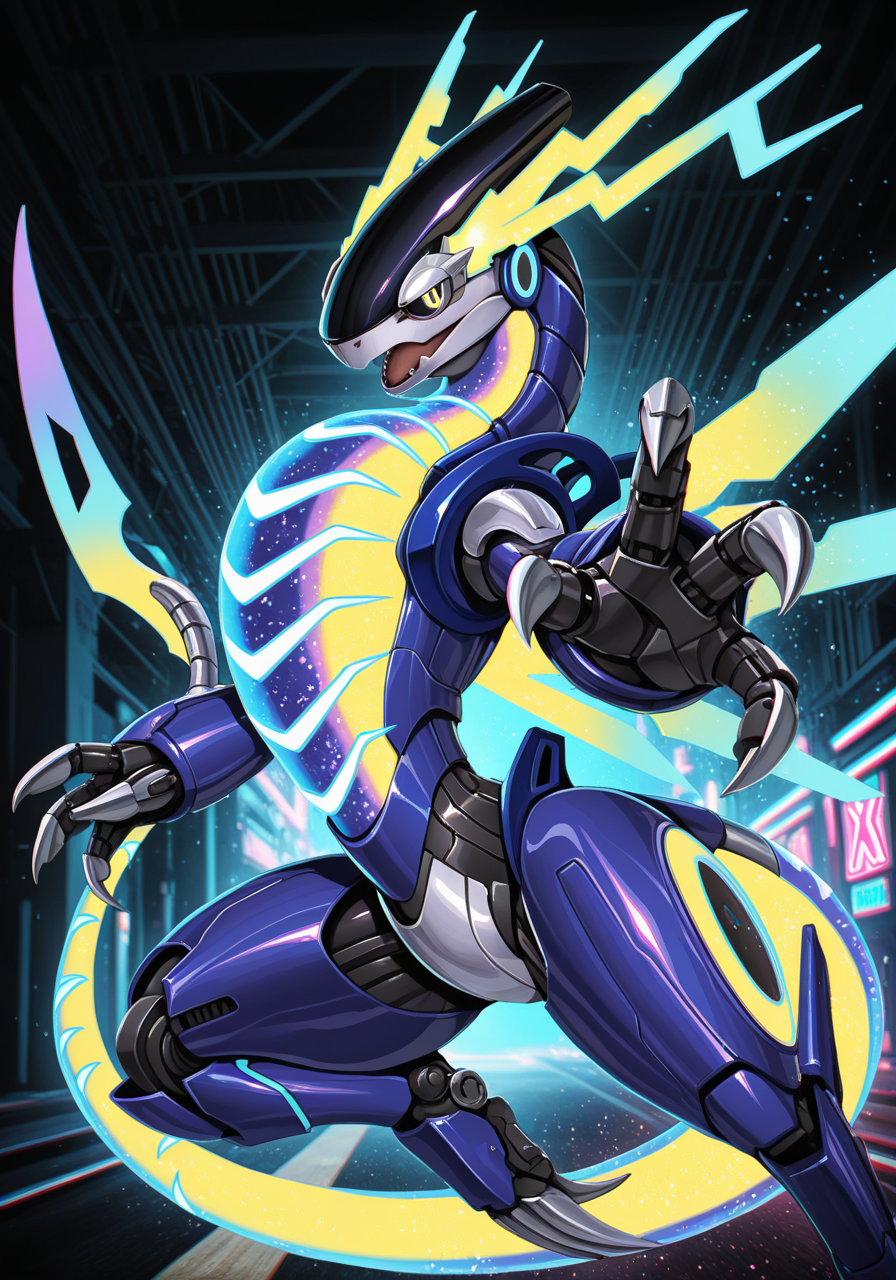 cybernetics, miraidon glistening body, open mouth, motion line, three-quarter view, action pose, attack, reaching towards viewer, claws, multicolor energy wings, glowing, (particles effect:1.25), BREAK, masterpiece, best quality, high quality, cyberpunk 2077, by Torisan, by Dangomushi, realistic, photorealism, (chromatic aberration, anaglyph:1.25), detailed background, detailed foreground, silhouette, depth of field, backlighting, [:highway, neon light, urban:0.15]
