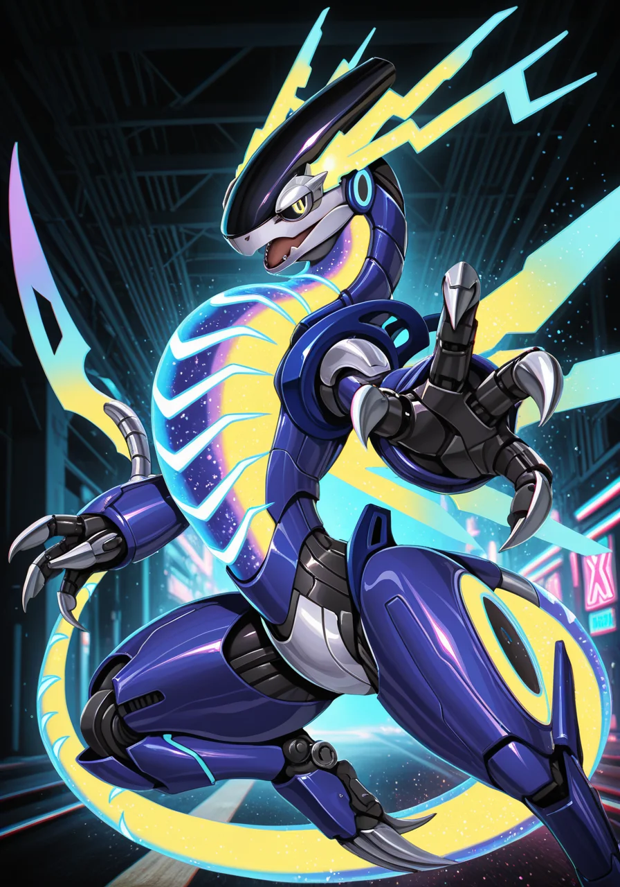 cybernetics, miraidon glistening body, open mouth, motion line, three-quarter view, action pose, attack, reaching towards viewer, claws, multicolor energy wings, glowing, (particles effect:1.25), BREAK, masterpiece, best quality, high quality, cyberpunk 2077, by Torisan, by Dangomushi, realistic, photorealism, (chromatic aberration, anaglyph:1.25), detailed background, detailed foreground, silhouette, depth of field, backlighting, [:highway, neon light, urban:0.15]