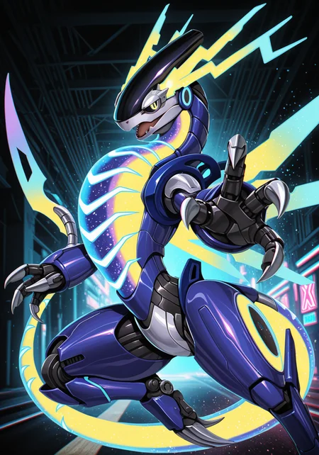 cybernetics, miraidon glistening body, open mouth, motion line, three-quarter view, action pose, attack, reaching towards viewer, claws, multicolor energy wings, glowing, (particles effect:1.25), BREAK, masterpiece, best quality, high quality, cyberpunk 2077, by Torisan, by Dangomushi, realistic, photorealism, (chromatic aberration, anaglyph:1.25), detailed background, detailed foreground, silhouette, depth of field, backlighting, [:highway, neon light, urban:0.15]
